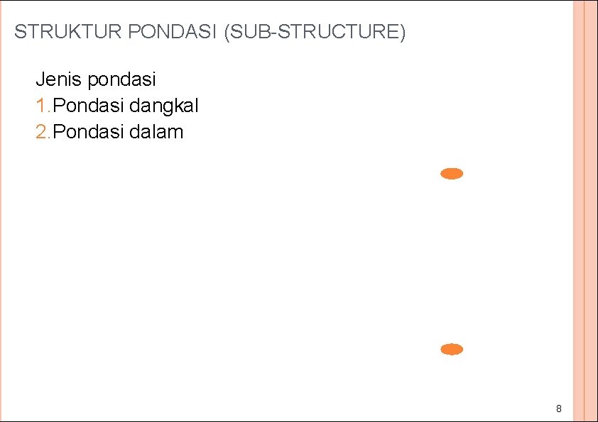 STRUKTUR PONDASI (SUB-STRUCTURE) Jenis pondasi 1. Pondasi dangkal 2. Pondasi dalam 10 8 