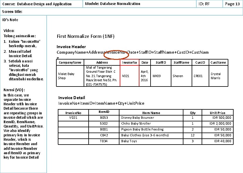ID: RF Module: Database Normalization Course: Database Design and Application Page 13 Screen title: ID: RF Module: Database Normalization Course: Database Design and Application Page 13 Screen title: