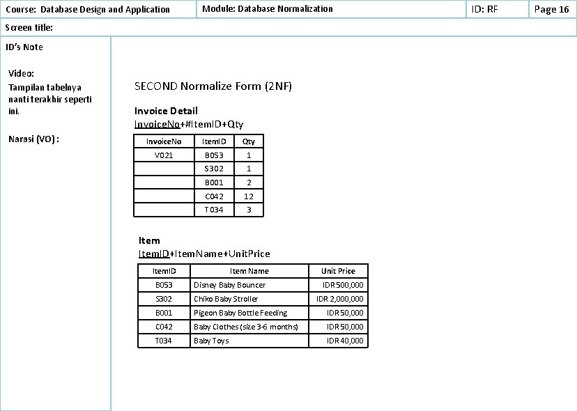 Course: Database Design and Application Module: Database Normalization Screen title: ID’s Note Video: Tampilan Course: Database Design and Application Module: Database Normalization Screen title: ID’s Note Video: Tampilan