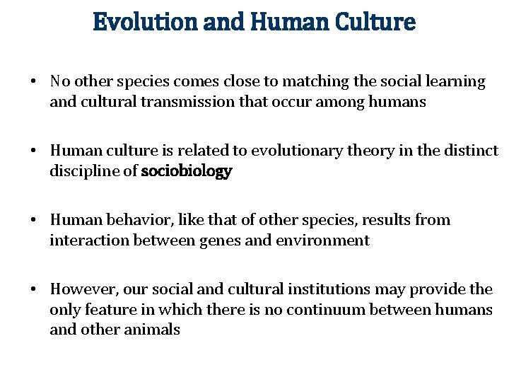 Evolution and Human Culture • No other species comes close to matching the social