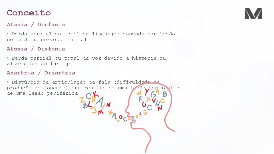 Conceito Afasia / Disfasia • Perda parcial ou total da linguagem causada por lesão
