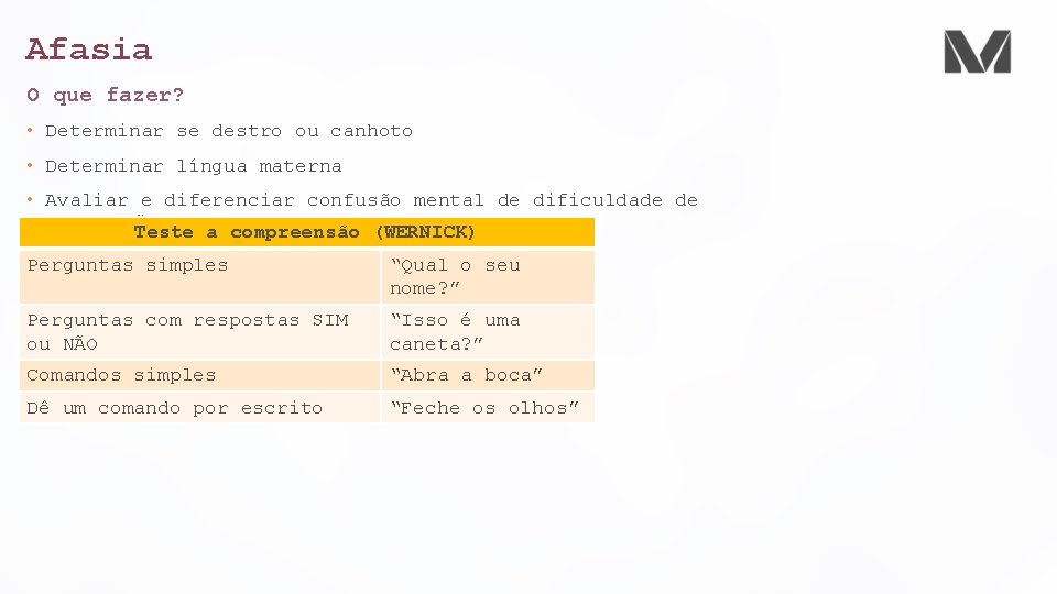Afasia O que fazer? • Determinar se destro ou canhoto • Determinar língua materna