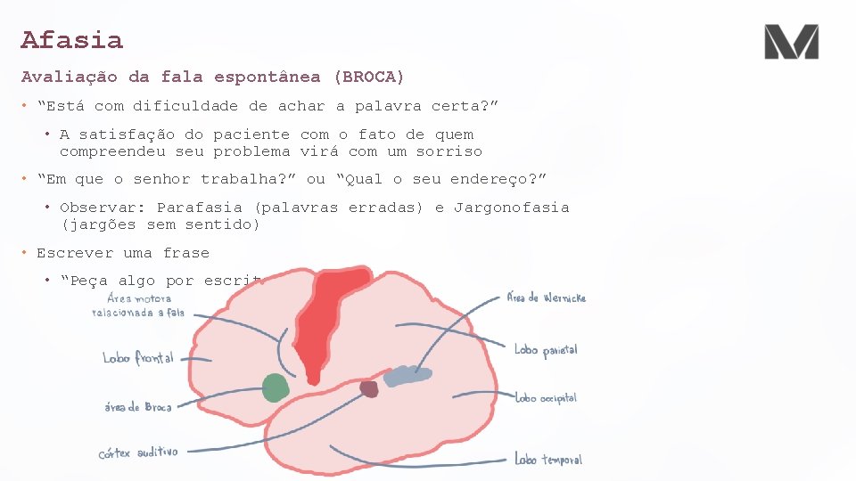 Afasia Avaliação da fala espontânea (BROCA) • “Está com dificuldade de achar a palavra