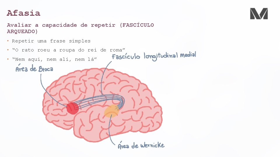 Afasia Avaliar a capacidade de repetir (FASCÍCULO ARQUEADO) • Repetir uma frase simples •