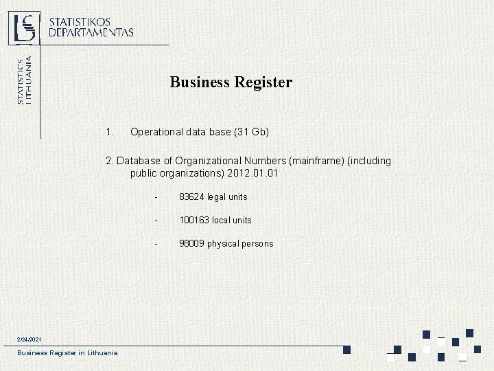 Business Register 1. Operational data base (31 Gb) 2. Database of Organizational Numbers (mainframe)