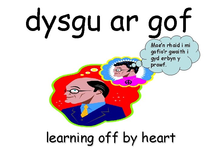 dysgu ar gof Mae’n rhaid i mi gofio’r gwaith i gyd erbyn y prawf.