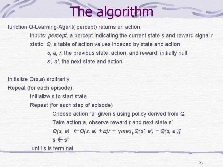 The algorithm function Q-Learning-Agent( percept) returns an action inputs: percept, a percept indicating the The algorithm function Q-Learning-Agent( percept) returns an action inputs: percept, a percept indicating the
