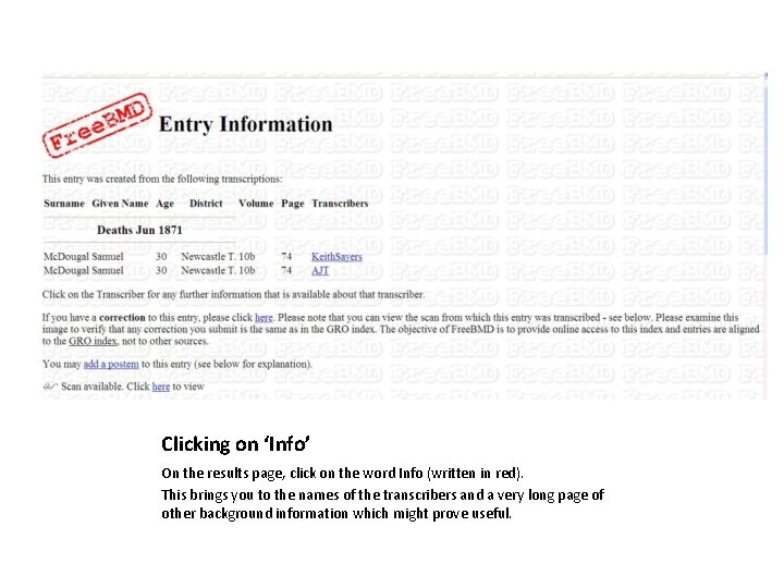 Clicking on ‘Info’ On the results page, click on the word Info (written in