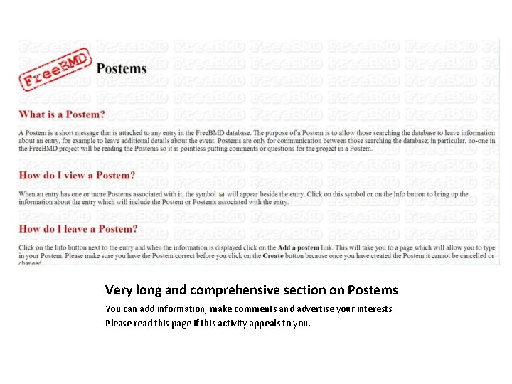 Very long and comprehensive section on Postems You can add information, make comments and