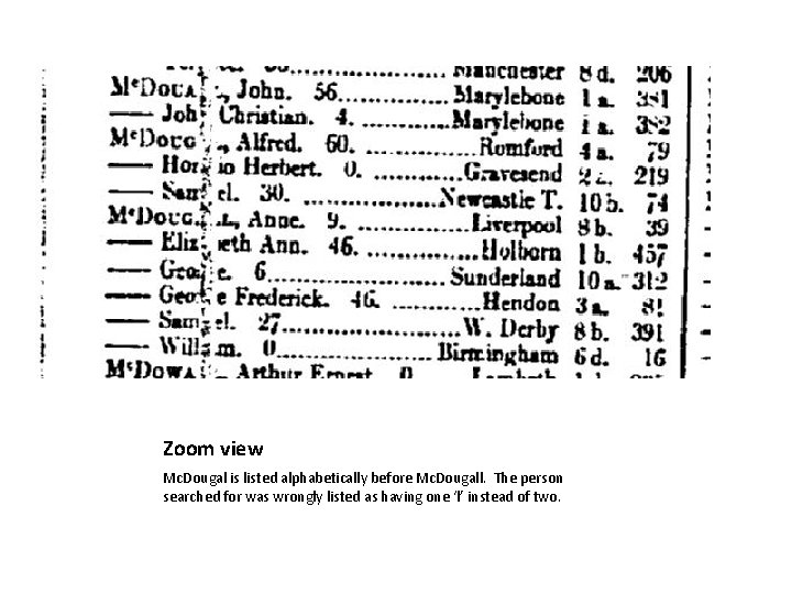 Zoom view Mc. Dougal is listed alphabetically before Mc. Dougall. The person searched for