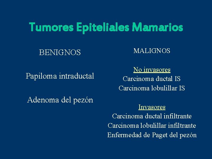 Tumores Epiteliales Mamarios BENIGNOS MALIGNOS Papiloma intraductal No invasores Carcinoma ductal IS Carcinoma lobulillar