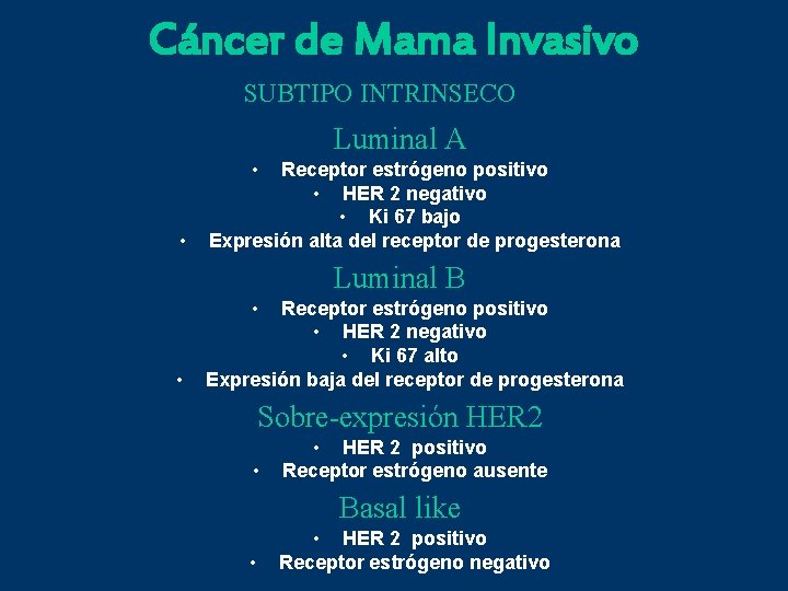 Cáncer de Mama Invasivo SUBTIPO INTRINSECO Luminal A • • Receptor estrógeno positivo •