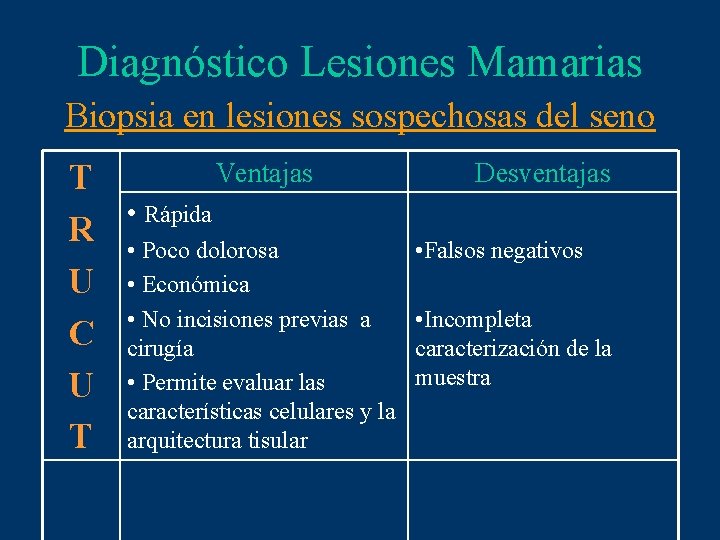 Diagnóstico Lesiones Mamarias Biopsia en lesiones sospechosas del seno T R U C U