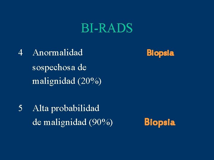 BI-RADS 4 Anormalidad Biopsia sospechosa de malignidad (20%) 5 Alta probabilidad de malignidad (90%)