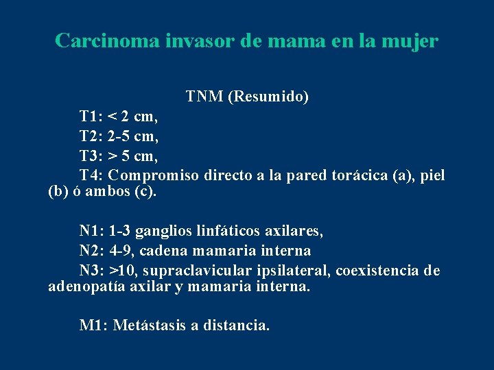 Carcinoma invasor de mama en la mujer TNM (Resumido) T 1: < 2 cm,