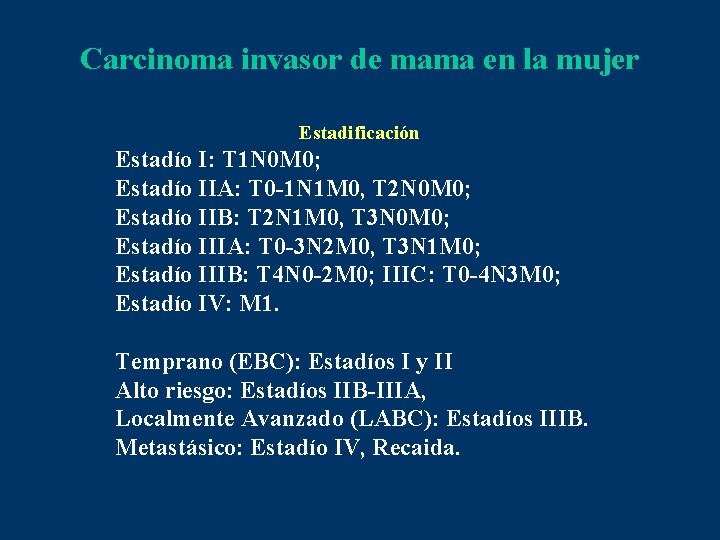 Carcinoma invasor de mama en la mujer Estadificación Estadío I: T 1 N 0