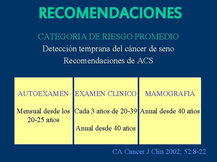 RECOMENDACIONES CATEGORIA DE RIESGO PROMEDIO Detección temprana del cáncer de seno Recomendaciones de ACS