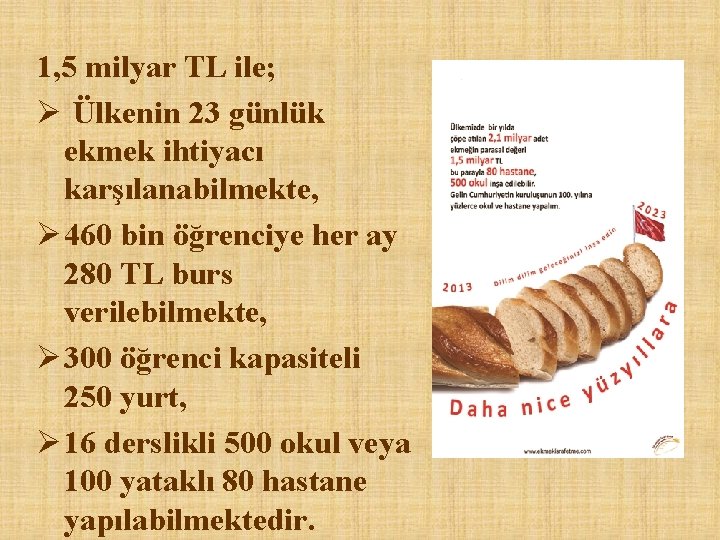 1, 5 milyar TL ile; Ø Ülkenin 23 günlük ekmek ihtiyacı karşılanabilmekte, Ø 460