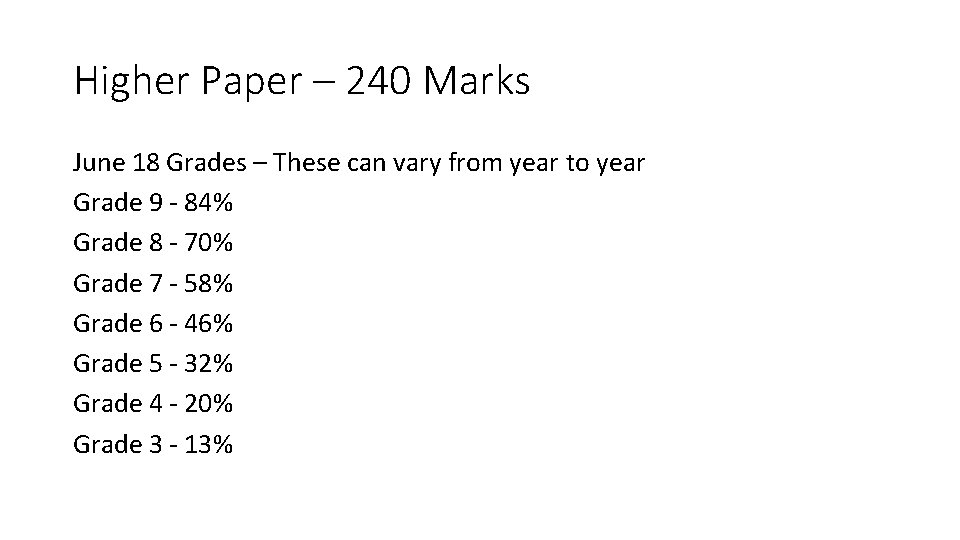 Higher Paper – 240 Marks June 18 Grades – These can vary from year