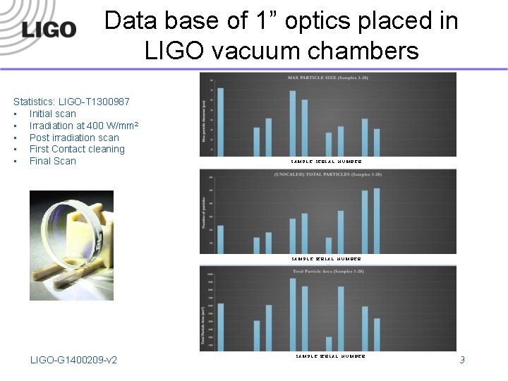 Data base of 1” optics placed in LIGO vacuum chambers Statistics: LIGO-T 1300987 •