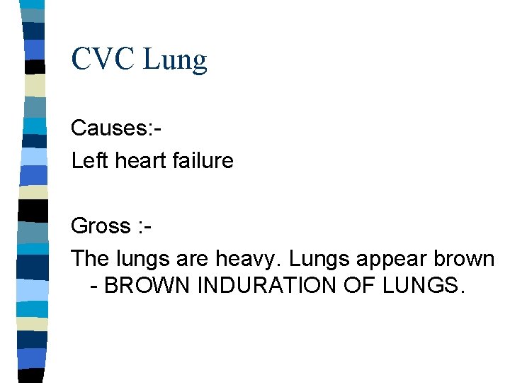 CVC Lung Causes: Left heart failure Gross : The lungs are heavy. Lungs appear