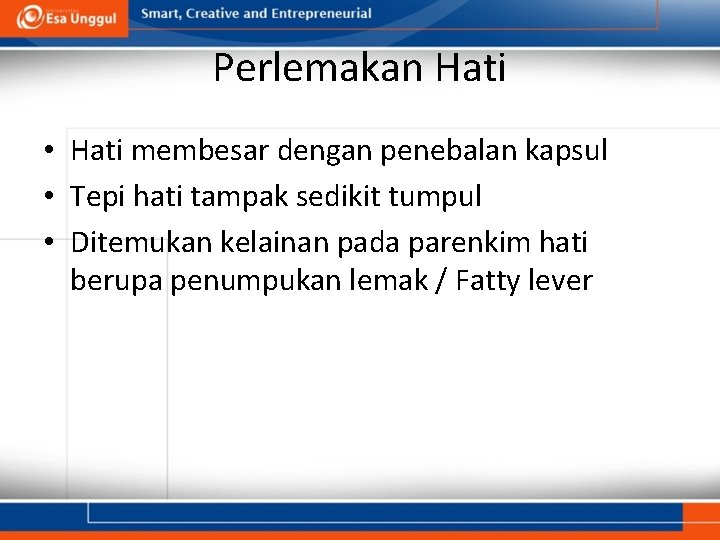 Perlemakan Hati • Hati membesar dengan penebalan kapsul • Tepi hati tampak sedikit tumpul