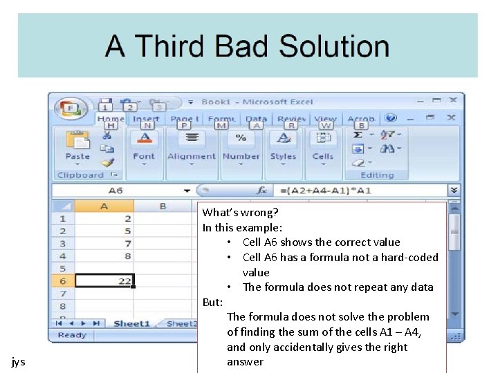 jys What’s wrong? In this example: • Cell A 6 shows the correct value