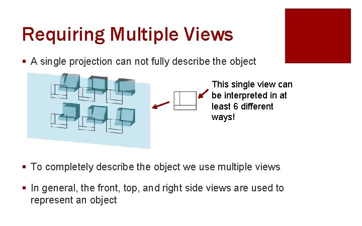 Requiring Multiple Views § A single projection can not fully describe the object This