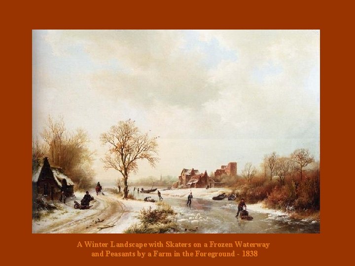 A Winter Landscape with Skaters on a Frozen Waterway and Peasants by a Farm