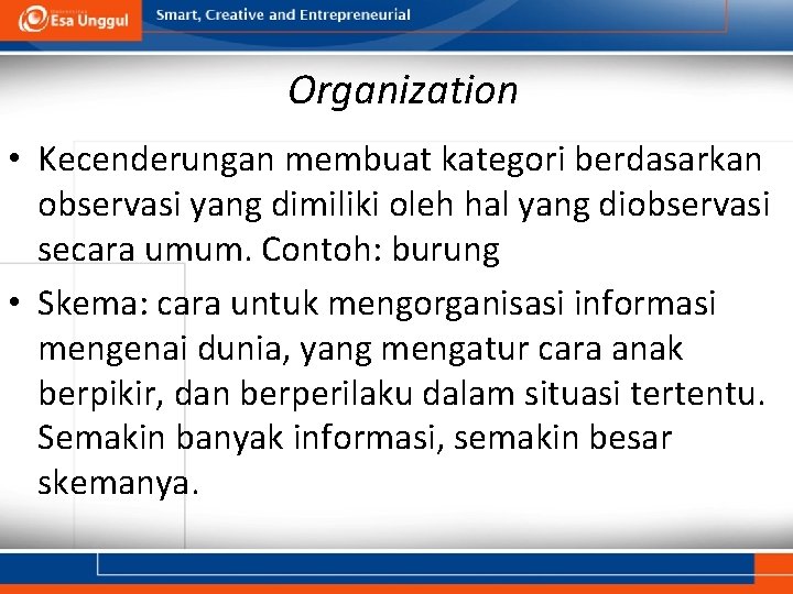 Organization • Kecenderungan membuat kategori berdasarkan observasi yang dimiliki oleh hal yang diobservasi secara