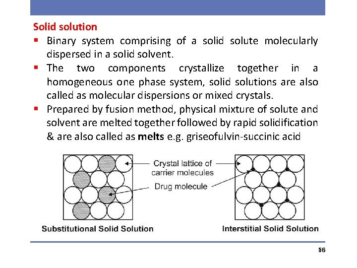 Solid solution § Binary system comprising of a solid solute molecularly dispersed in a