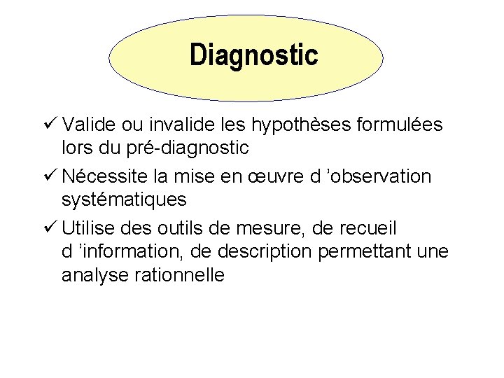 Diagnostic ü Valide ou invalide les hypothèses formulées lors du pré-diagnostic ü Nécessite la