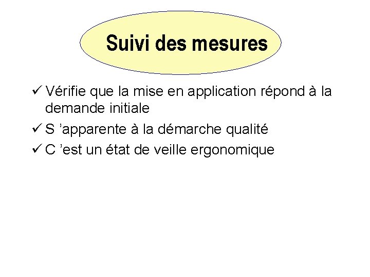Suivi des mesures ü Vérifie que la mise en application répond à la demande