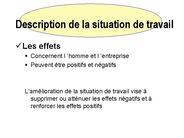 Description de la situation de travail ü Les effets § Concernent l ’homme et
