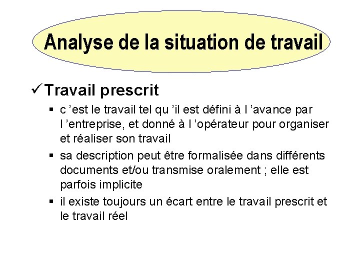 Analyse de la situation de travail ü Travail prescrit § c ’est le travail