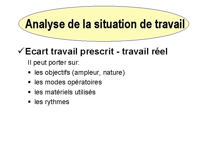 Analyse de la situation de travail ü Ecart travail prescrit - travail réel Il