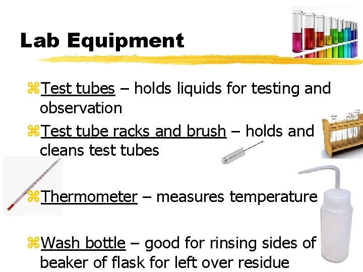 Lab Equipment z. Test tubes – holds liquids for testing and observation z. Test