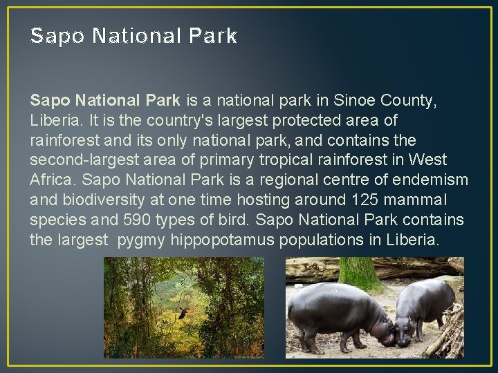 Sapo National Park is a national park in Sinoe County, Liberia. It is the