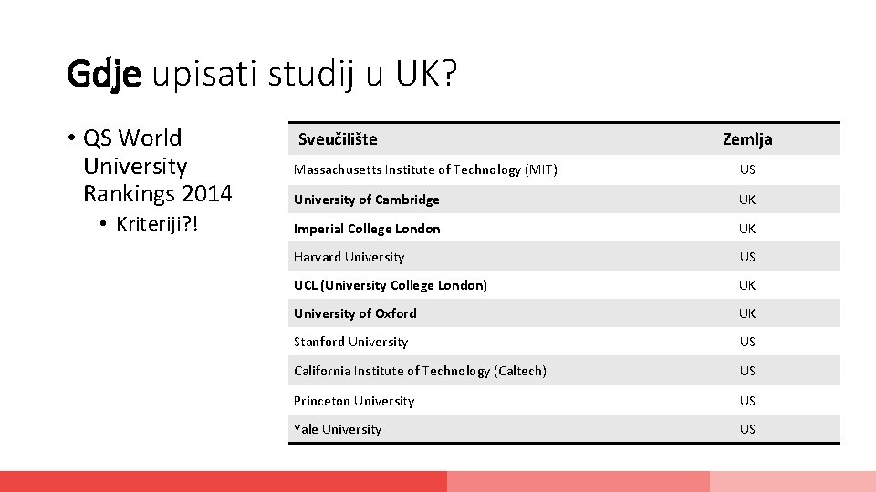 Gdje upisati studij u UK? • QS World University Rankings 2014 • Kriteriji? !