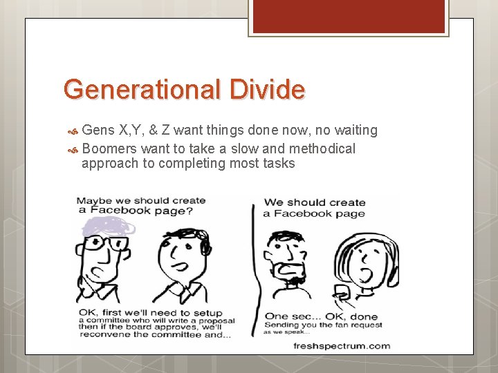 Generational Divide Gens X, Y, & Z want things done now, no waiting Boomers