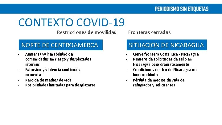 CONTEXTO COVID-19 Restricciones de movilidad Fronteras cerradas NORTE DE CENTROAMERCA - Aumenta vulnerabilidad de