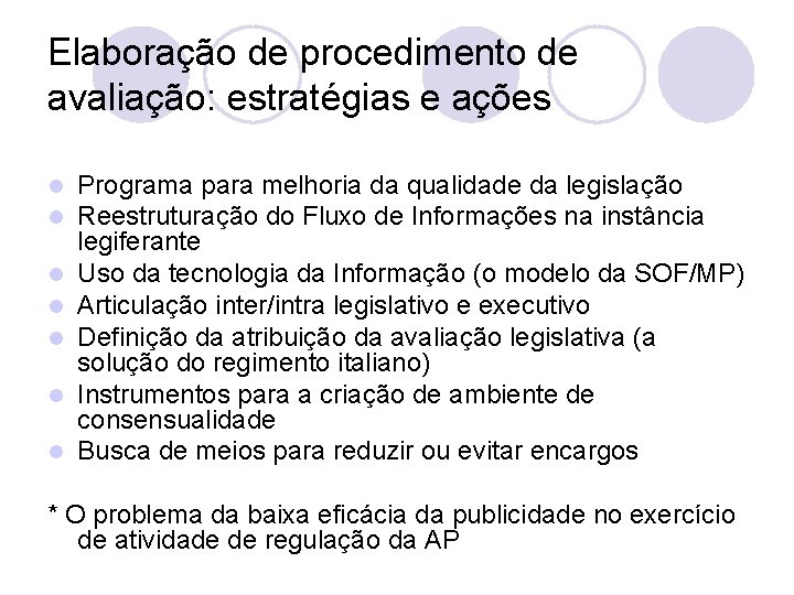 Elaboração de procedimento de avaliação: estratégias e ações l l l l Programa para