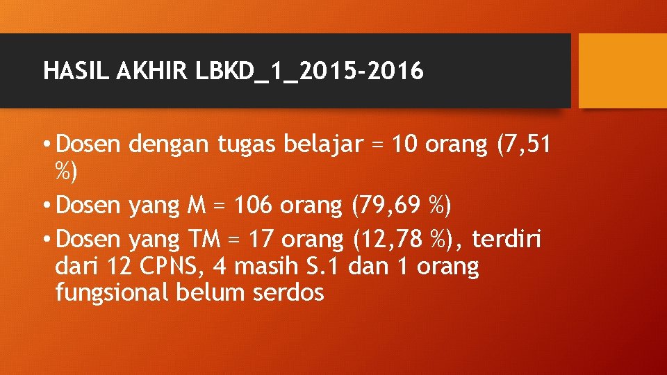 HASIL AKHIR LBKD_1_2015 -2016 • Dosen dengan tugas belajar = 10 orang (7, 51