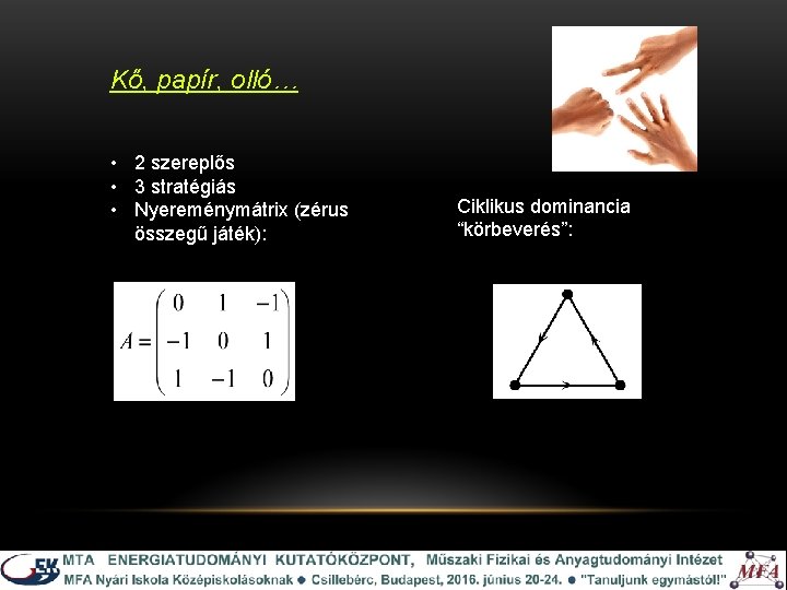 Kő, papír, olló… • 2 szereplős • 3 stratégiás • Nyereménymátrix (zérus összegű játék):