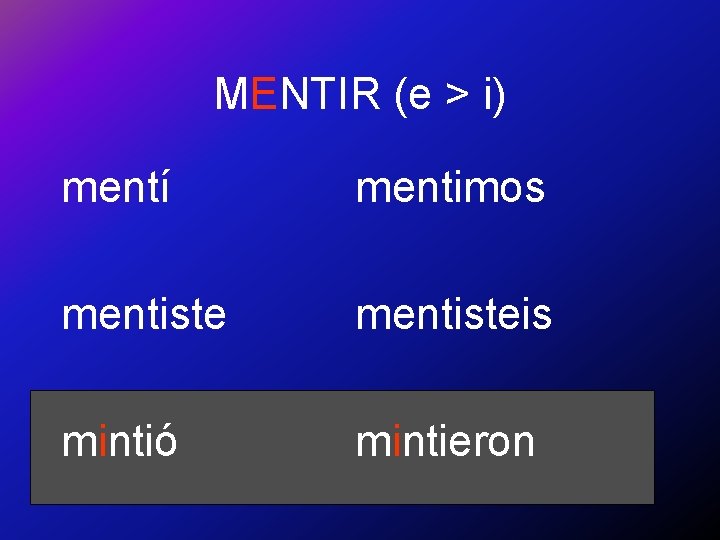MENTIR (e > i) mentí mentimos mentisteis mintió mintieron 