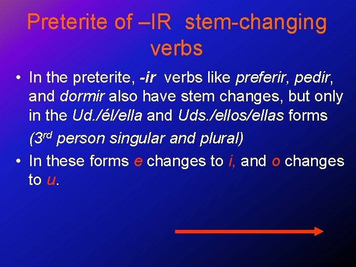 Preterite of –IR stem-changing verbs • In the preterite, -ir verbs like preferir, pedir,