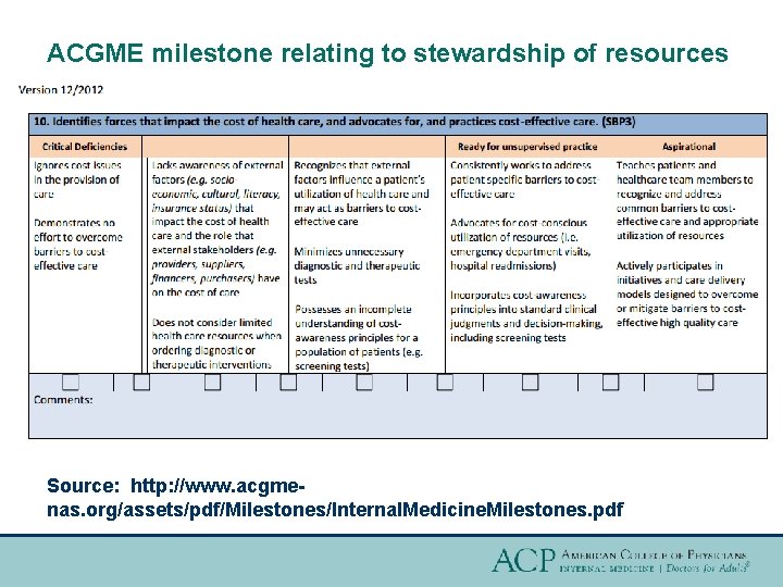 ACGME milestone relating to stewardship of resources Source: http: //www. acgmenas. org/assets/pdf/Milestones/Internal. Medicine. Milestones.