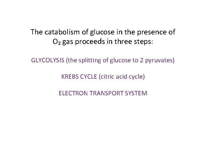The catabolism of glucose in the presence of O₂ gas proceeds in three steps: