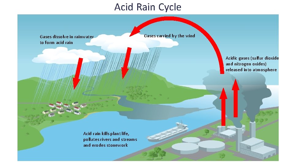 Acid Rain Cycle Gases dissolve in rainwater to form acid rain Gases carried by