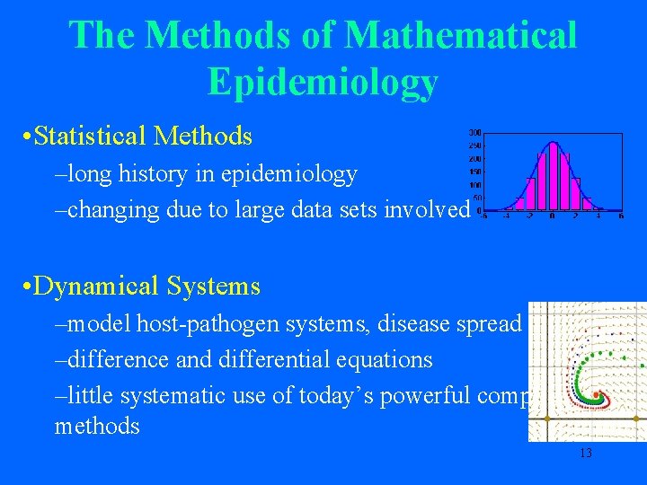 The Methods of Mathematical Epidemiology • Statistical Methods –long history in epidemiology –changing due